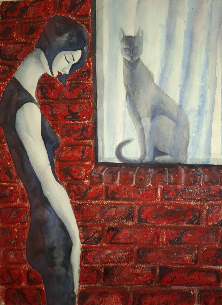 Painting of a tall, thin woman in profile with short black hair in a black dress, looking down with her eyes closed. In the building right behind her is a tall, thin gray cat looking out of a window.