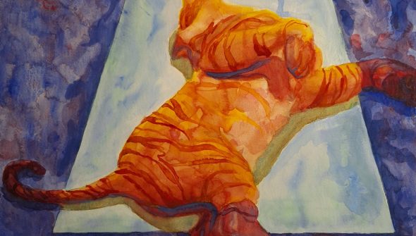 Watercolor painting of a tiger laying in a sunbeam coming through a window in a blue room.