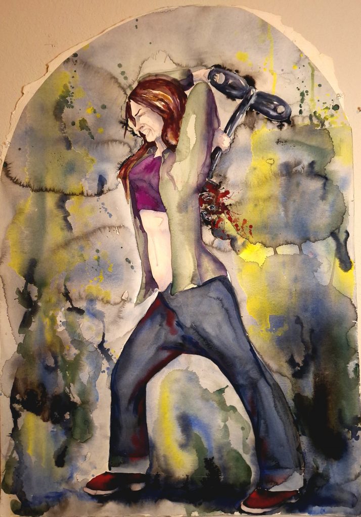 Watercolor painting of a young woman gritting her teeth and reaching over her head to pull out the windup key that was embedded in her back. Clockwork parts and blood spurts from her back. 