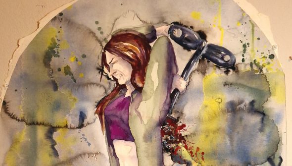 Watercolor painting of a young woman gritting her teeth and reaching over her head to pull out the windup key that was embedded in her back. Clockwork parts and blood spurts from her back.